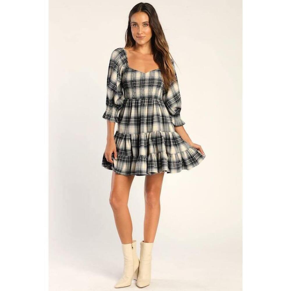 Lulus No One Cuter Navy And White Plaid Puff Sleeve Tiered Mini Dress Blue